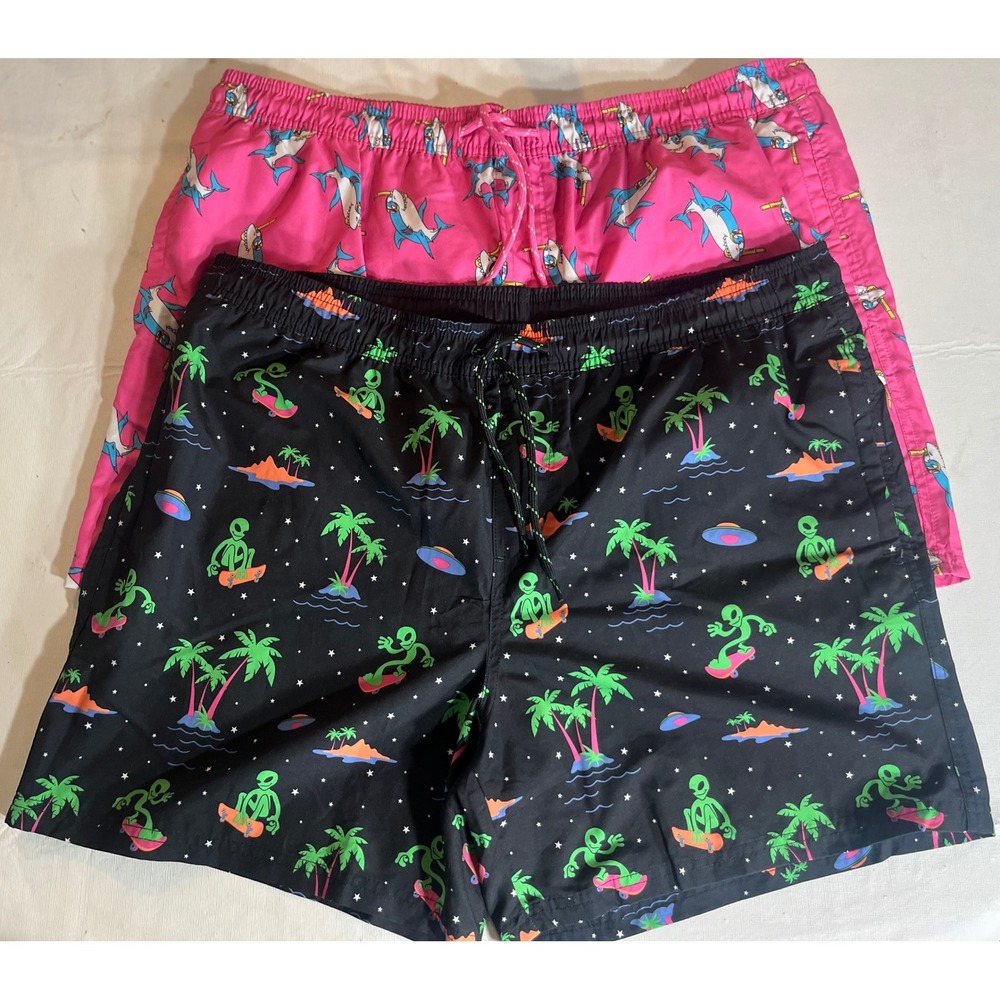 No Boundaries Mens Swim Trunks Bundle XL Pink Shark & Black Alien Skateboard 2pk